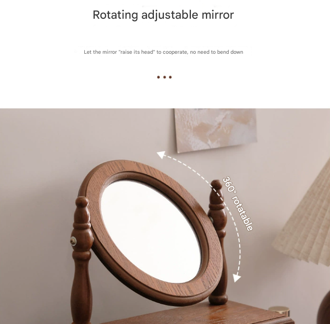Rounded Wooden Tabletop Vanity Mirror, Elegant Design 3