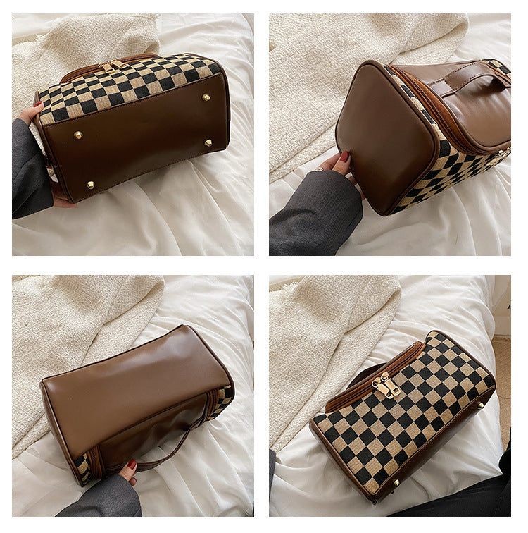 Brown Checkered Cosmetic Bag with Handle - Stylish, Compact, and Practical for Travel 3