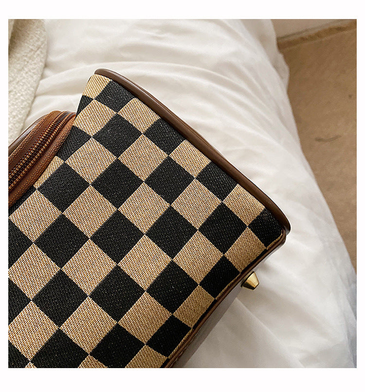 Brown Checkered Cosmetic Bag with Handle - Stylish, Compact, and Practical for Travel 4