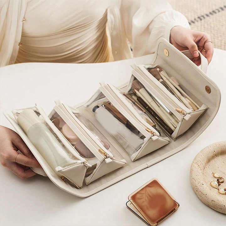 Beige Elegant Cosmetic Bag with Handle - Stylish and Compact for Travel and Storage 3