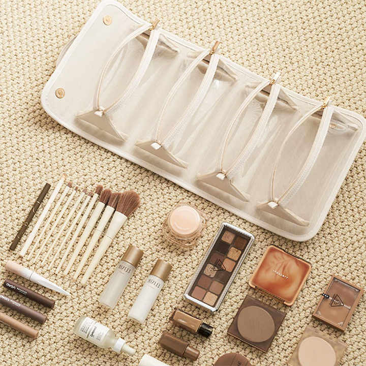 Beige Elegant Cosmetic Bag with Handle - Stylish and Compact for Travel and Storage 4