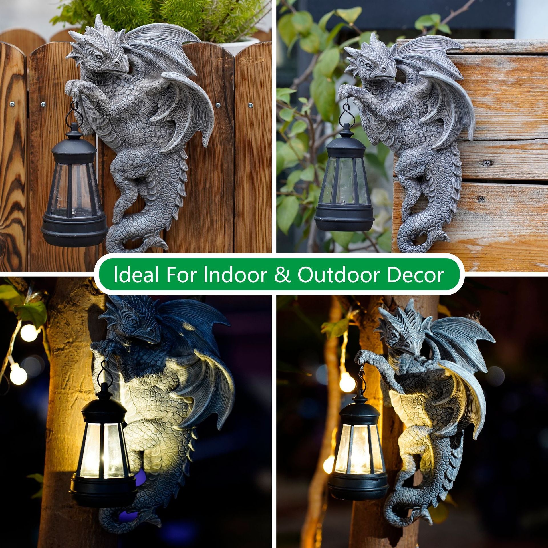 Solar-Powered Dragon Statue with LED Lantern - Gothic Outdoor Wall Hanging Decor 3