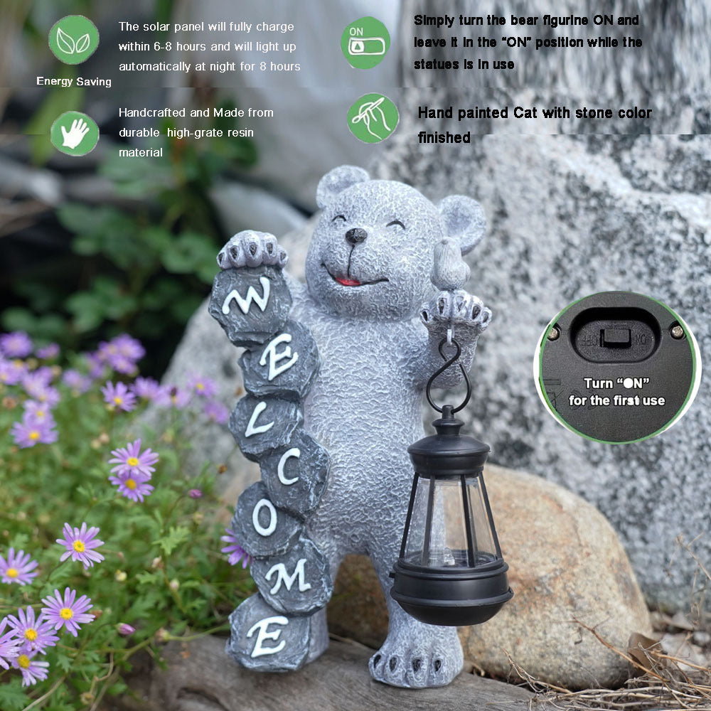 Solar-Powered Welcome Bear Statue with LED Lantern - Outdoor Garden & Patio Decor 3