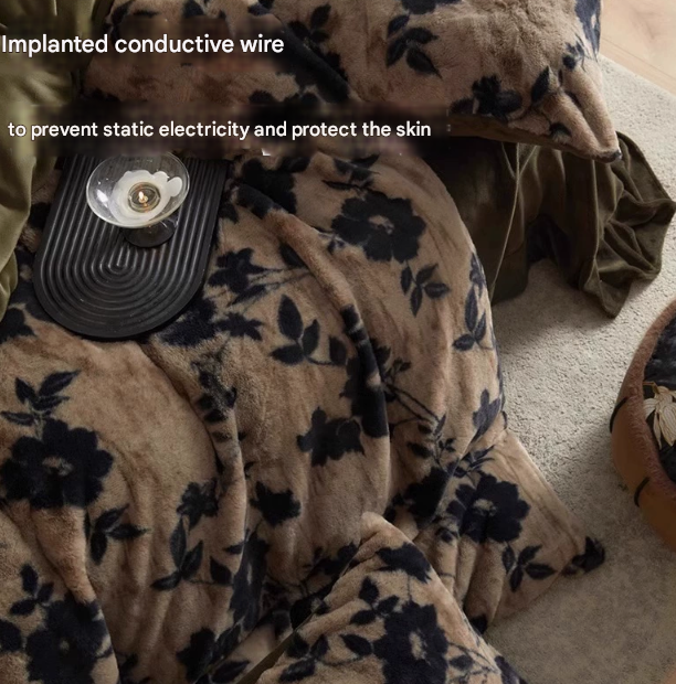 Brown Rose Motifs Luxury Winter Faux Rabbit Fur Bedding Set - 4-Piece Melange Style Plush Set for 1.8m Beds (200x230cm Duvet Cover) 3