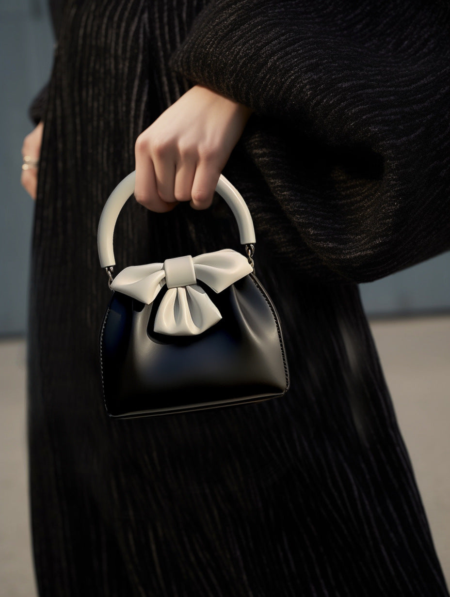 Black and white Elegant Women's Two-Tone Bowknot Bucket Handbag - Stylish and Lightweight 3
