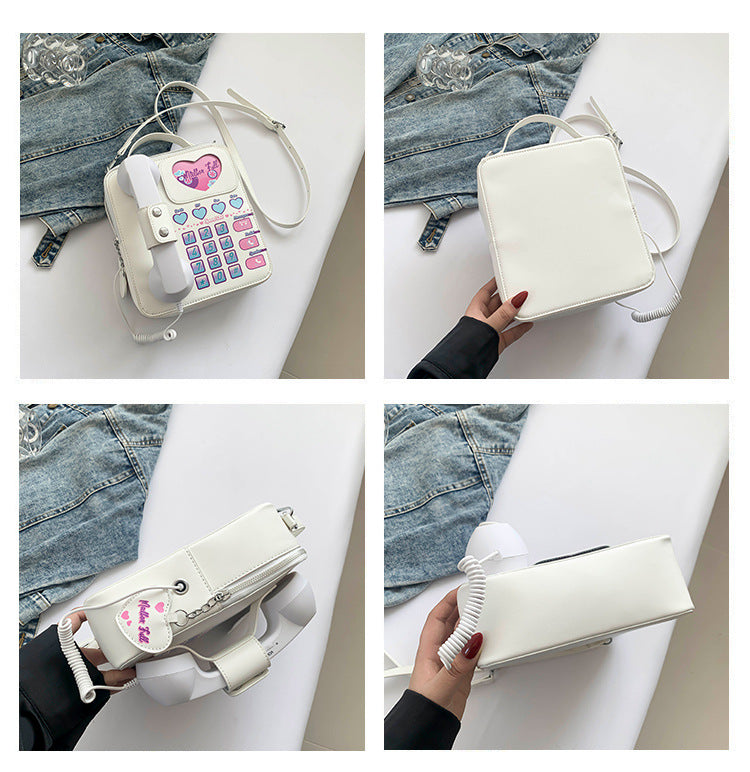 White Sweet Girl Creative Crossbody Bag with Telephone Design, PU Material, Lightweight and Unique 3