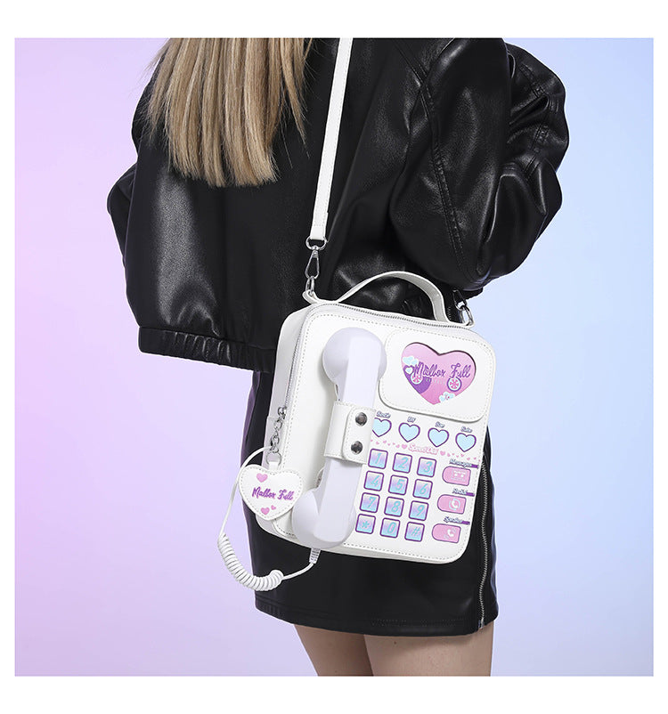 White Sweet Girl Creative Crossbody Bag with Telephone Design, PU Material, Lightweight and Unique 5