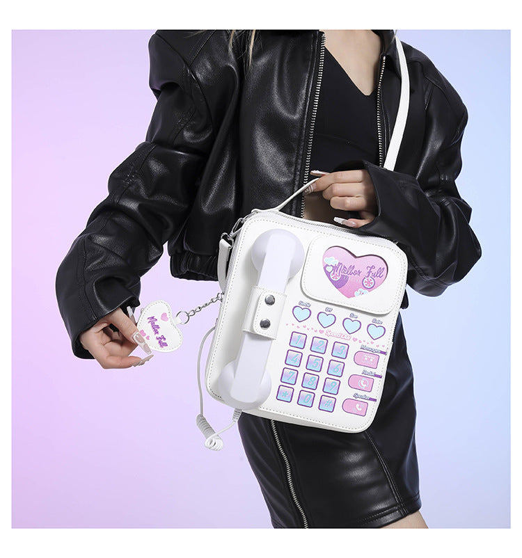 White Sweet Girl Creative Crossbody Bag with Telephone Design, PU Material, Lightweight and Unique 6