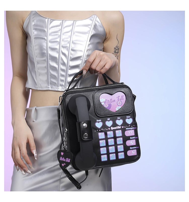 Black Sweet Girl Creative Crossbody Bag with Telephone Design, PU Material, Lightweight and Unique 7