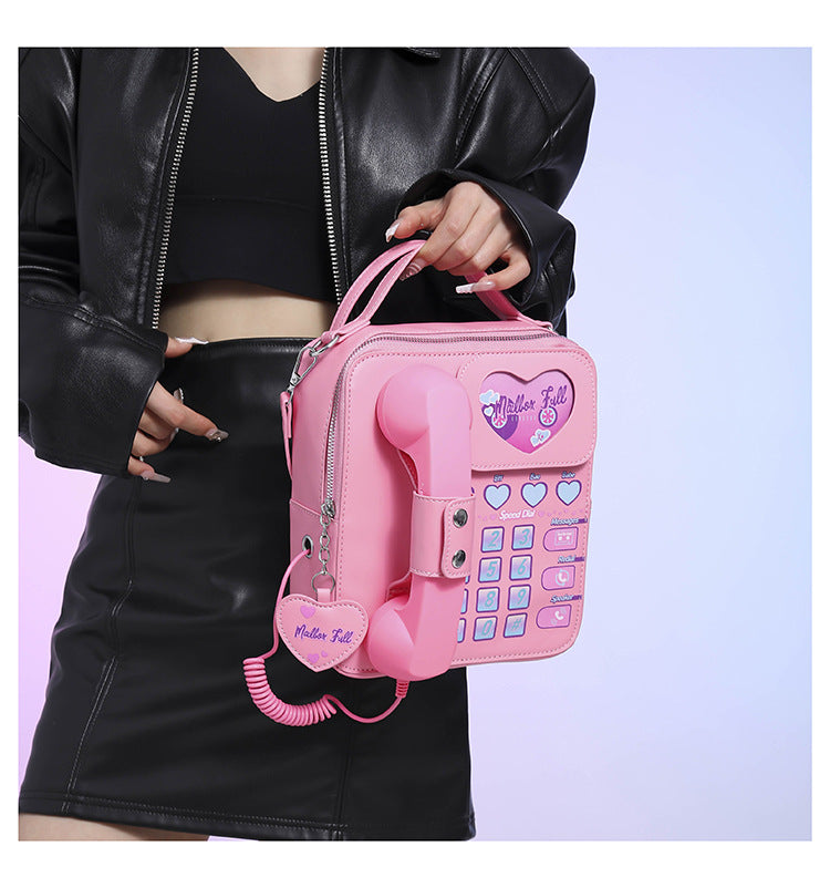 Pink Sweet Girl Creative Crossbody Bag with Telephone Design, PU Material, Lightweight and Unique 5