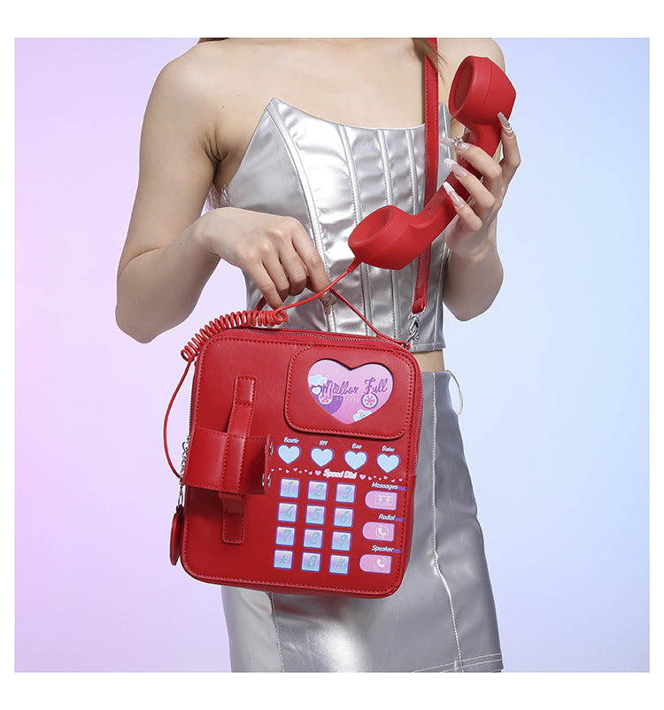Red Sweet Girl Creative Crossbody Bag with Telephone Design, PU Material, Lightweight and Unique 7