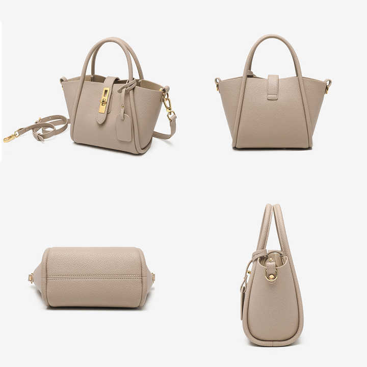 Beige Genuine Leather Women's Handbag - Stylish Bucket Bag with Top Handle and Crossbody Strap 3