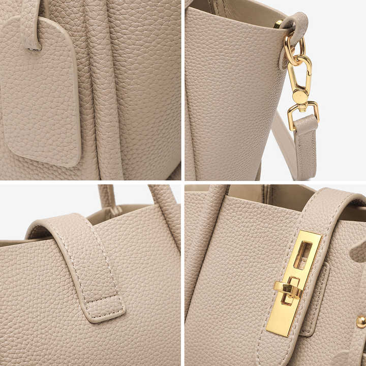 Beige Genuine Leather Women's Handbag - Stylish Bucket Bag with Top Handle and Crossbody Strap 4