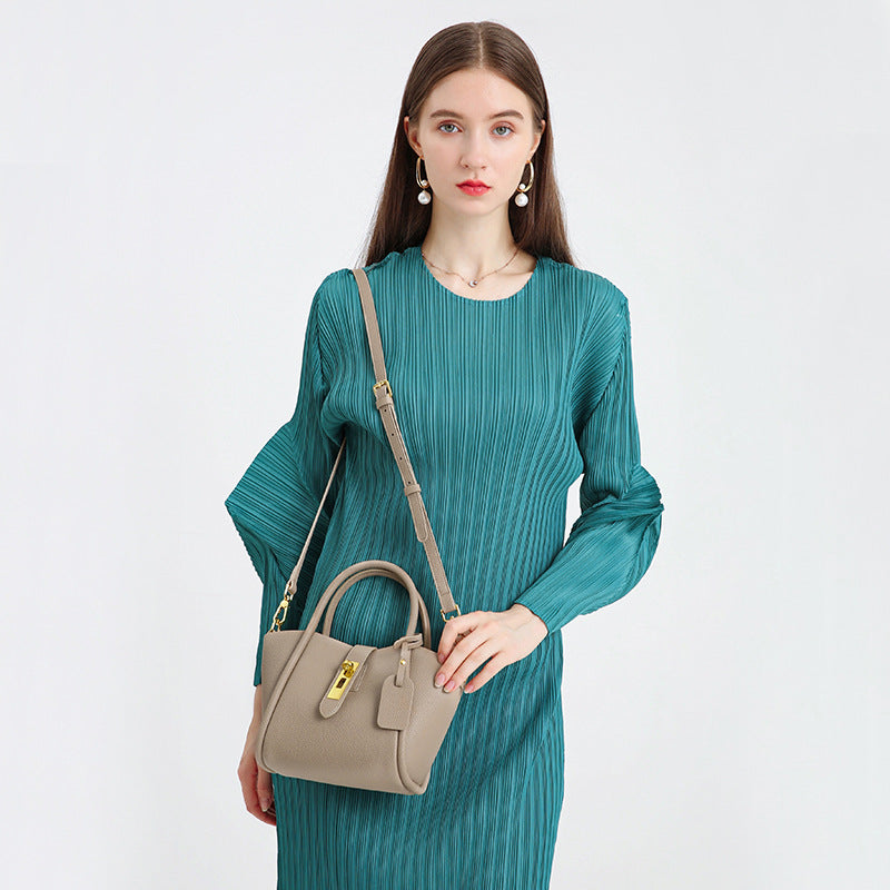 Beige Genuine Leather Women's Handbag - Stylish Bucket Bag with Top Handle and Crossbody Strap 5