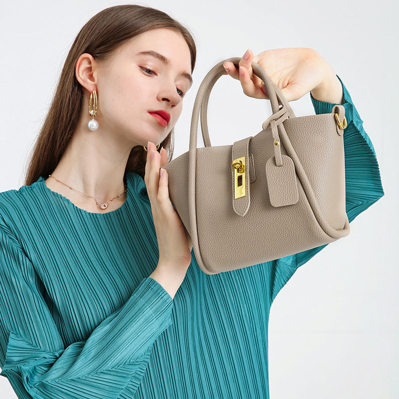 Beige Genuine Leather Women's Handbag - Stylish Bucket Bag with Top Handle and Crossbody Strap 6