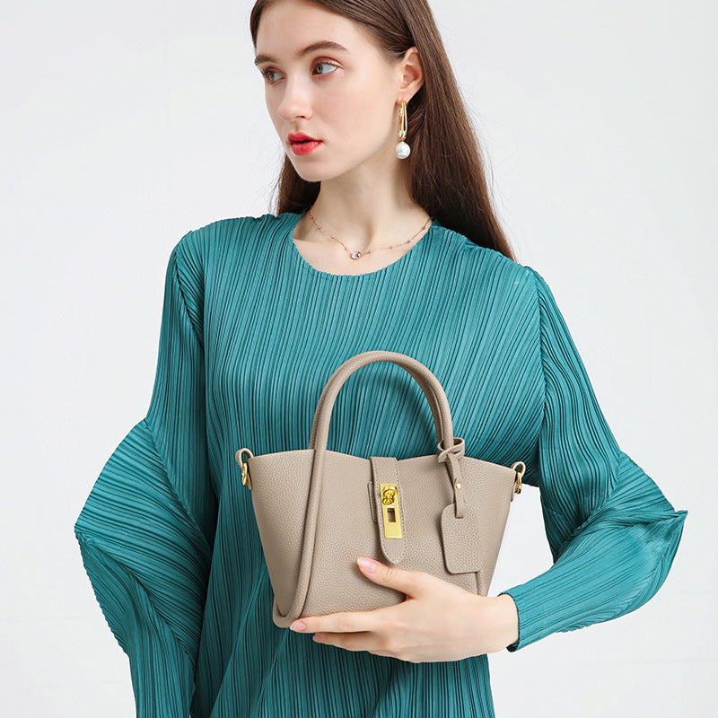 Beige Genuine Leather Women's Handbag - Stylish Bucket Bag with Top Handle and Crossbody Strap 7