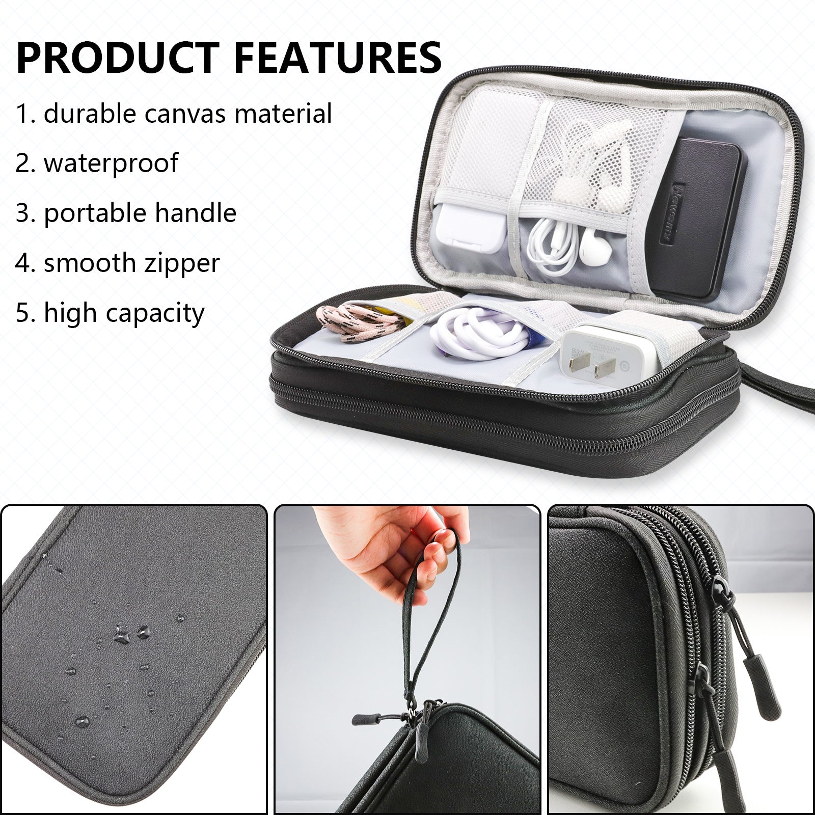 Black Portable Digital Organizer Bag – Multifunctional Storage for Power Banks, Cables, and Accessories(Photography Props Not Included) 4