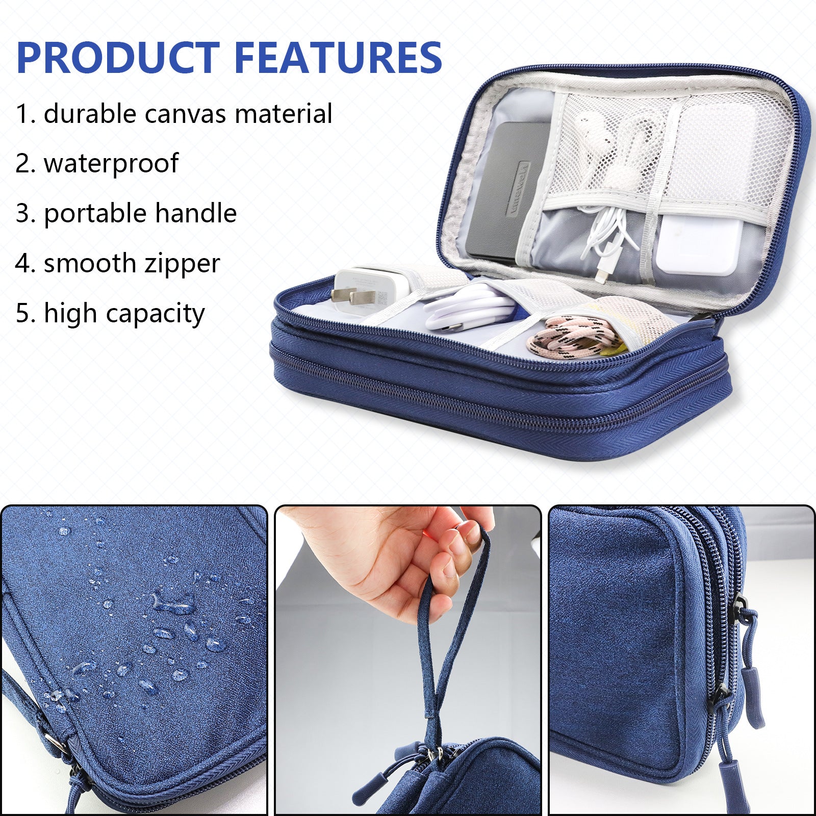 Dark Blue Portable Digital Organizer Bag - Multifunctional Storage for Power Banks, Cables, and Accessories(Photography Props Not Included) 5