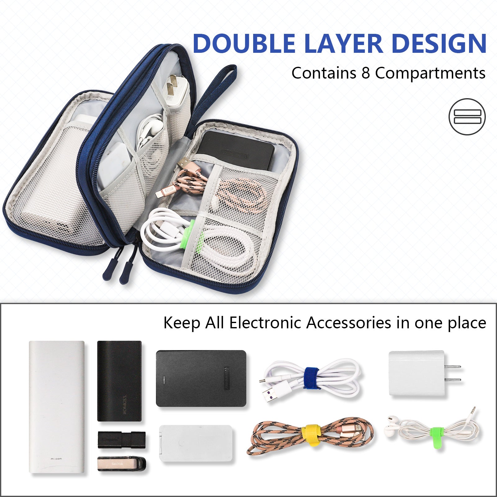 Dark Blue Portable Digital Organizer Bag - Multifunctional Storage for Power Banks, Cables, and Accessories(Photography Props Not Included) 6