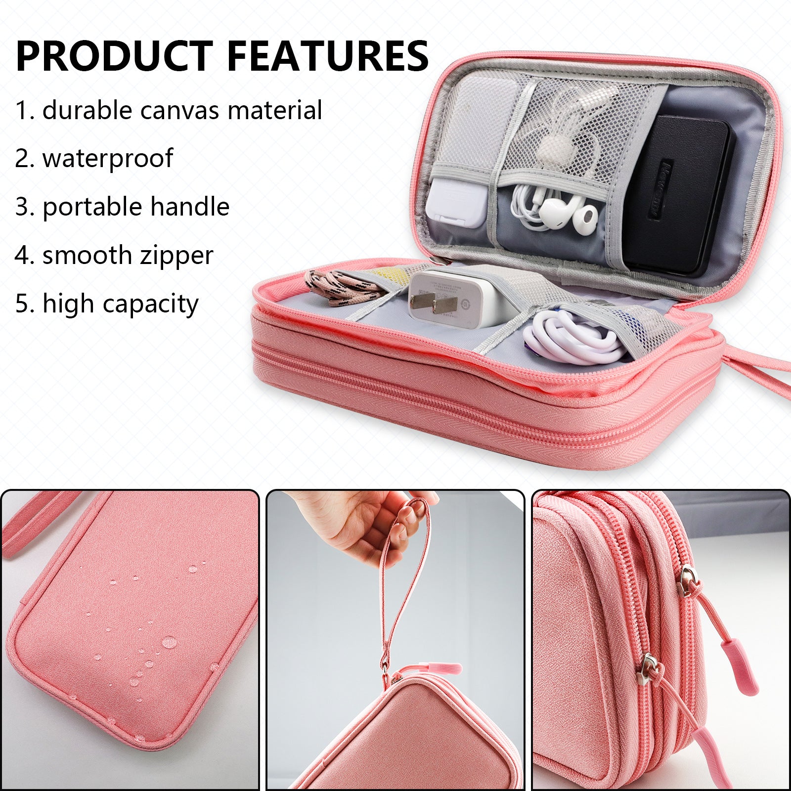 Pink Portable Digital Organizer Bag - Multifunctional Storage for Power Banks, Cables, and Accessories(Photography Props Not Included) 3