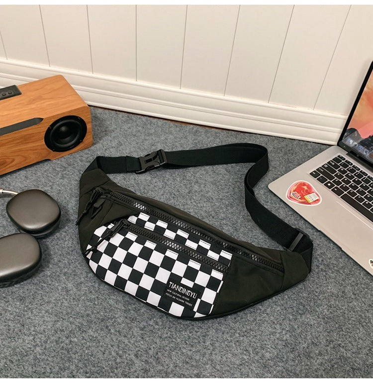 Black Patchwork Black and White Check Trendy Checkered Crossbody Bag - Color-Block Chest Bag for Men and Women, Lightweight Nylon Waist Bag 3