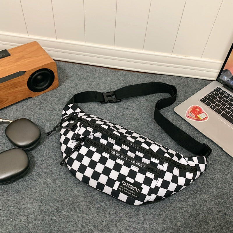 Black and White Check Trendy Checkered Crossbody Bag - Color-Block Chest Bag for Men and Women, Lightweight Nylon Waist Bag 3