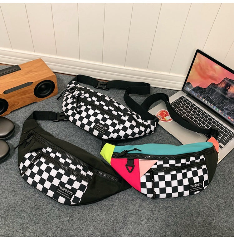 Black and White Check Trendy Checkered Crossbody Bag - Color-Block Chest Bag for Men and Women, Lightweight Nylon Waist Bag 4