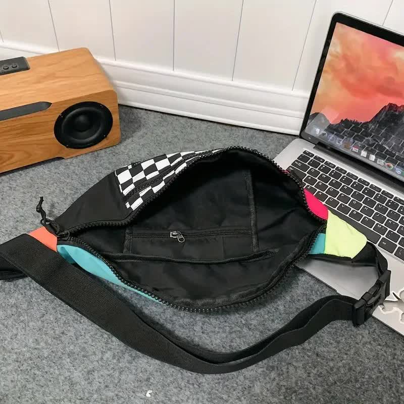 Black and White Check Trendy Checkered Crossbody Bag - Color-Block Chest Bag for Men and Women, Lightweight Nylon Waist Bag 5