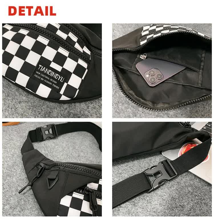 Black and White Check Trendy Checkered Crossbody Bag - Color-Block Chest Bag for Men and Women, Lightweight Nylon Waist Bag 7