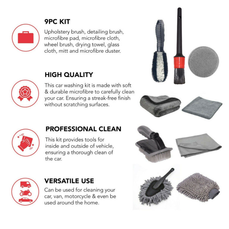 Type A 9-Piece Car Wash Tool Kit - Tire & Wheel Brushes, Wash Mitt, Microfiber Towels, and Wax Sponge Set 3