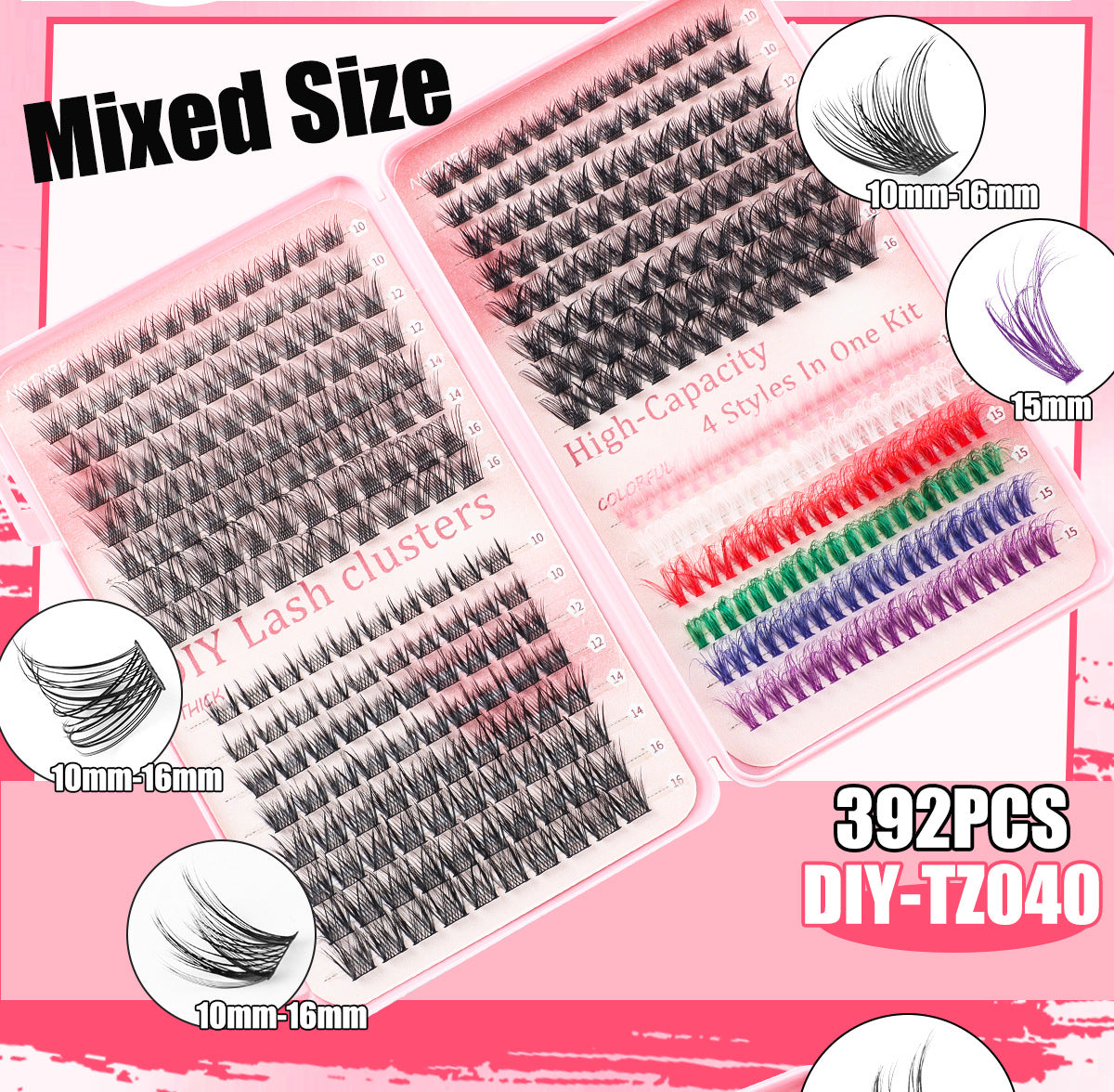 392 Eyelashes Set DIY Lash Clusters Kit - High-Capacity 4 Styles with Black and Colorful Lashes 5
