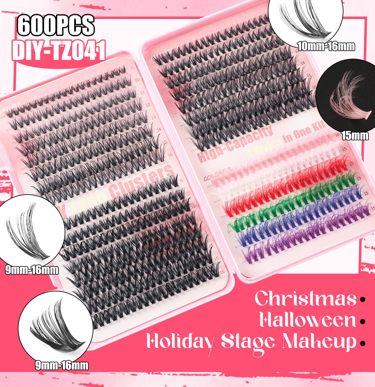 600 Eyelashes Set DIY Lash Clusters Kit - High-Capacity 4 Styles with Black and Colorful Lashes 5