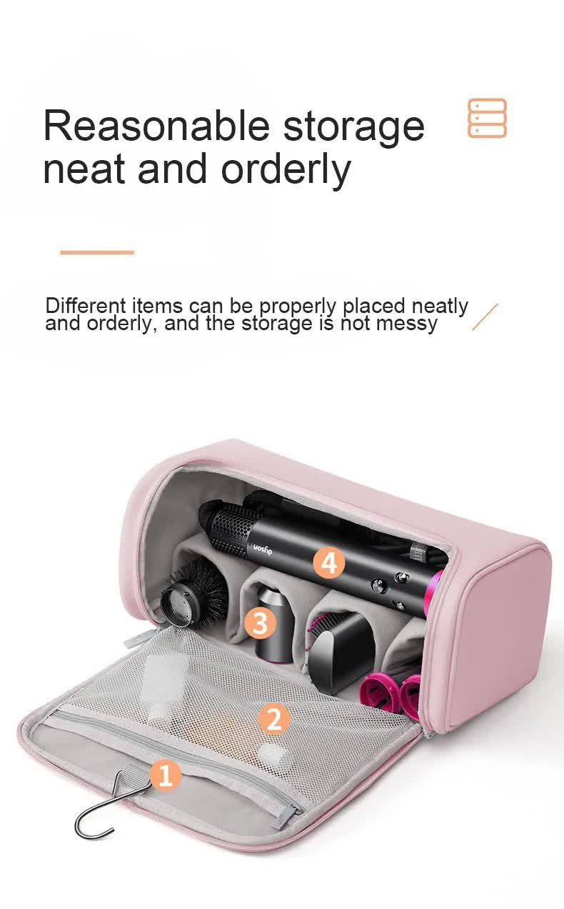 Pink Portable PU Storage Bag for Hair Curlers, Hair Dryers, and Styling Tools(Hair dryers, etc. are shooting props and are not included in the product) 5