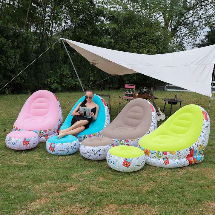 Yellow Graffiti Portable Inflatable Sofa Chair with Ottoman - Waterproof Flocked Lazy Sofa for Camping and Home Use 3