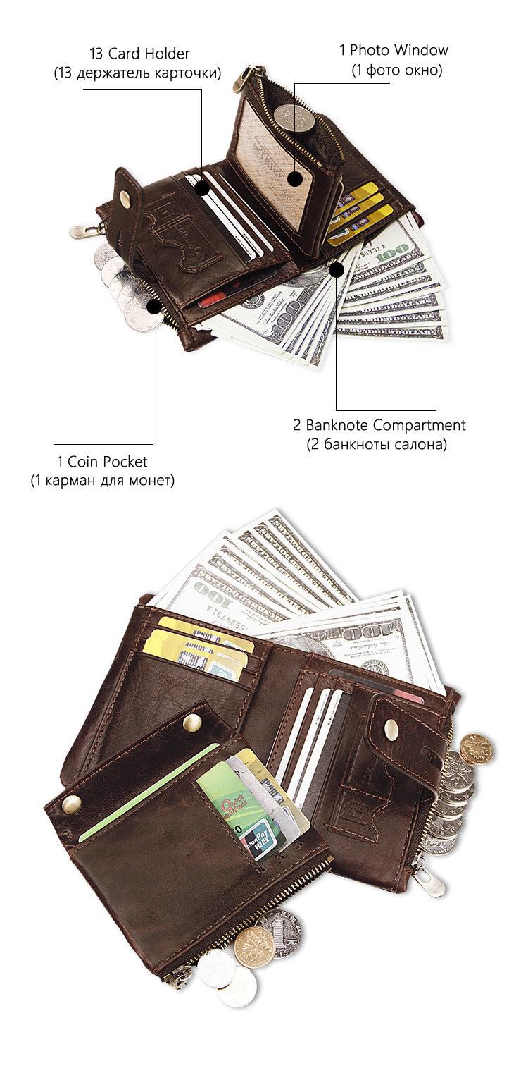 Black Genuine Leather Tri-Fold Wallet - Fashionable Multi-Card Men's and Women's Wallet 3