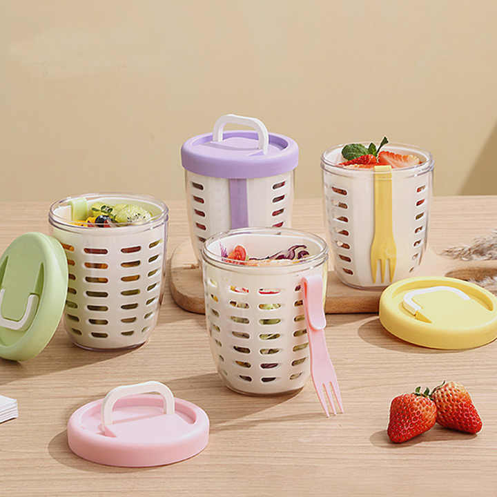 2 Pcs Green Portable Leakproof Fruit and Salad Storage Box with Draining Function, Sealed Fresh-Keeping Bento Lunch Box with Fork, AS+PP+Silicone Material 5