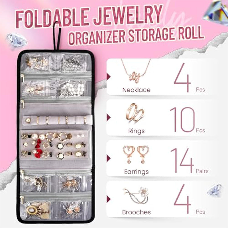 Pink 4-in-1 Travel Cosmetic Organizer Bag with Detachable Polyester Storage Boxes and Jewelry Roll, Multiple Compartments, Portable Makeup Bag 6