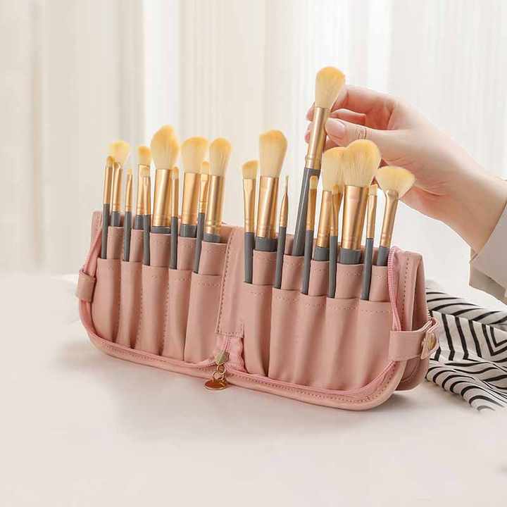 Pink Portable Shell Makeup Brush Storage Bag - Multi-Functional PU Cosmetic Organizer with Button Closure, Convertible to Stand Design(Make-up brushes are filming props, not included) 3