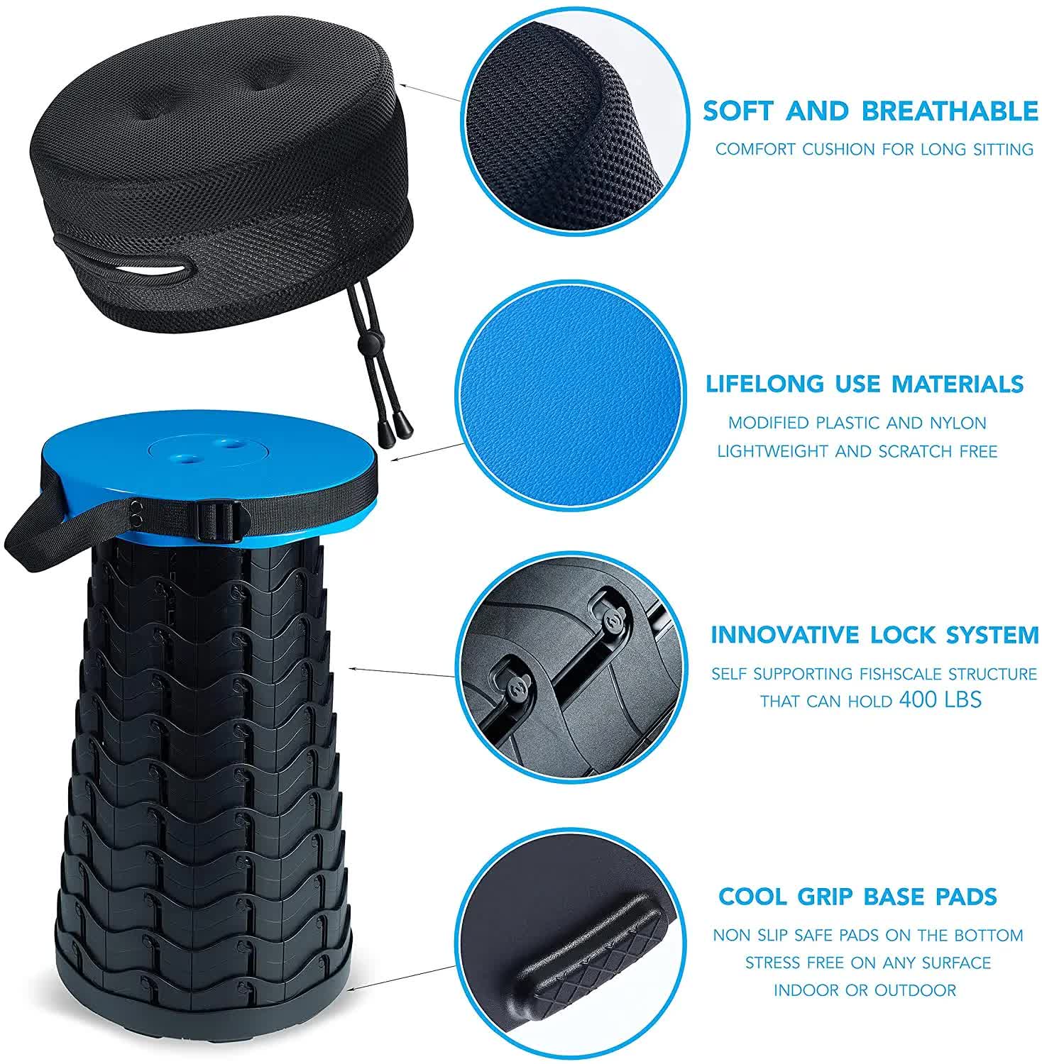 Black and Red Splicing Color Portable Outdoor Telescopic Folding Stool with 100 Weight-Bearing Buckles, Lightweight and Compact Design, Perfect for Fishing, Camping, and Travel 4