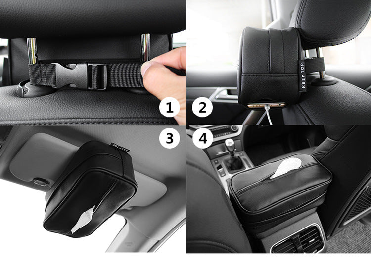 Black Multifunctional PU Leather Car Tissue Box Holder – Compact, Stylish, and Easy to Install with Headrest and Sun Visor Mounting Options 6