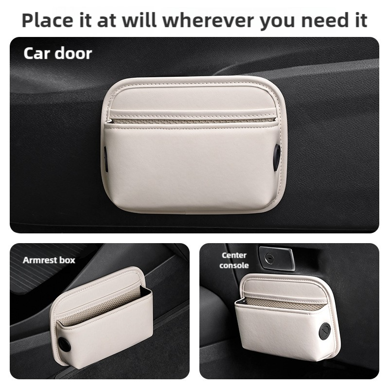 Off White PU Leather Car Storage Organizer with Dual Charging Holes and Inner Mesh Pocket, Multi-functional Door Handle Hanging Bag for Phones and Accessories, Lightweight and Durable 3