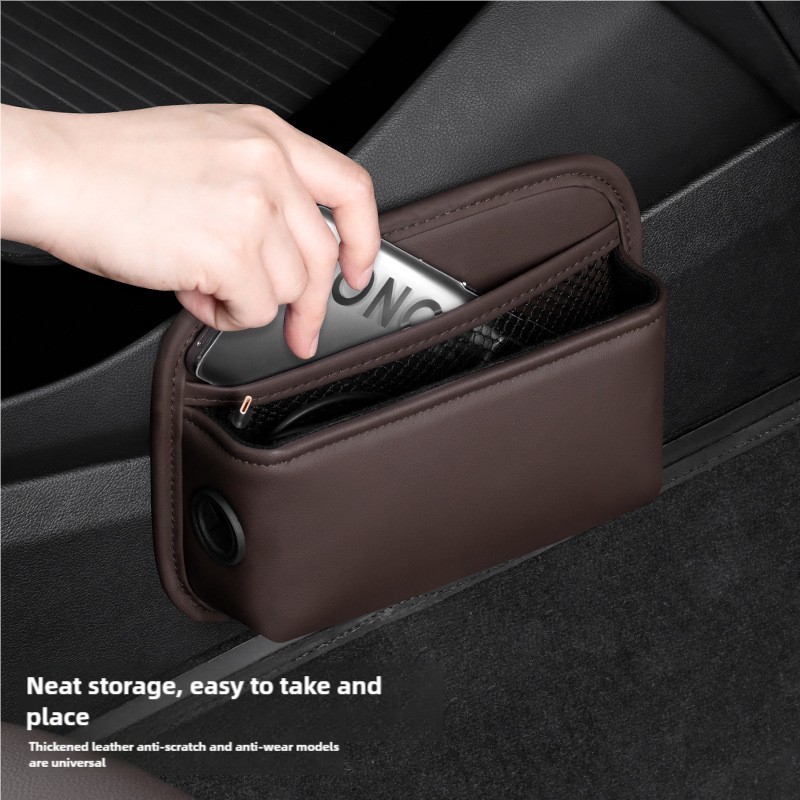 Off White PU Leather Car Storage Organizer with Dual Charging Holes and Inner Mesh Pocket, Multi-functional Door Handle Hanging Bag for Phones and Accessories, Lightweight and Durable 4
