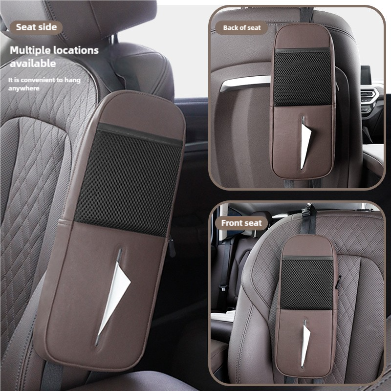 Black Multifunctional Car Seat Side Organizer with PU Leather Tissue Holder and Mesh Pocket – Compact Storage Bag for Phones and Accessories(Mobile phones and tissues are filming props, not included) 3