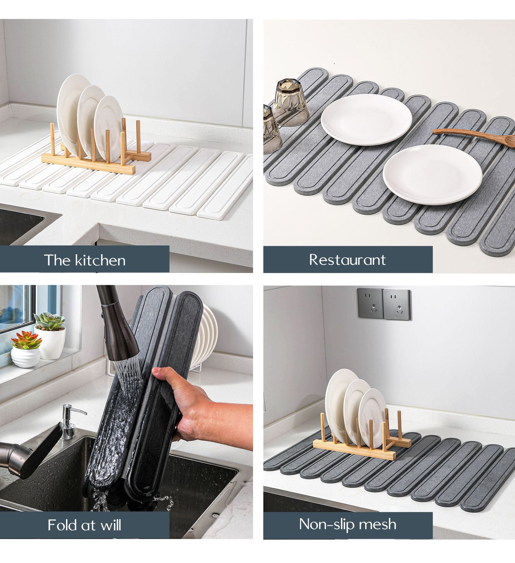 White Oval Shaped Engraved Inner Frame Foldable Diatomaceous Earth Drying Mat - Super Absorbent, Fast-Drying, Non-Slip Kitchen Countertop Mat 4