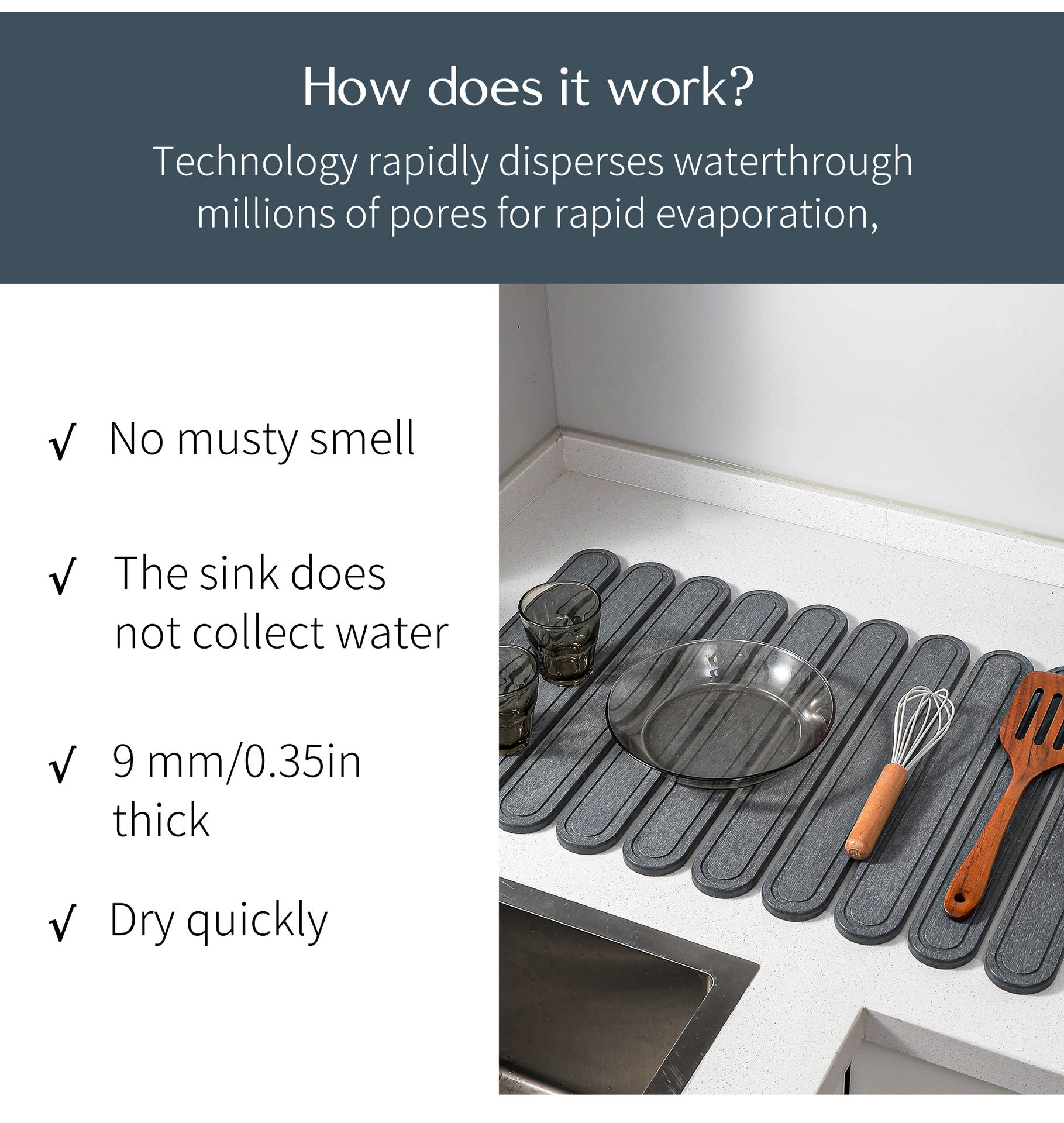 Dark Gray Oval Shaped Engraved Inner Frame Foldable Diatomaceous Earth Drying Mat - Super Absorbent, Fast-Drying, Non-Slip Kitchen Countertop Mat 5