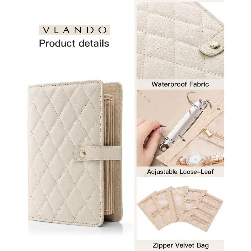 1 Piece  Beige Luxury Leather Loose-Leaf Jewelry Organizer - Portable Large-Capacity Storage Book for Earrings and Necklaces(Jewellery is a shooting prop and is not included) 3