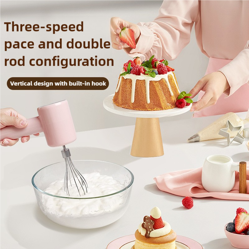 Pink Portable Electric Egg Beater with 3-Speed Adjustment, Dual Whisks, and Type-C Charging 3