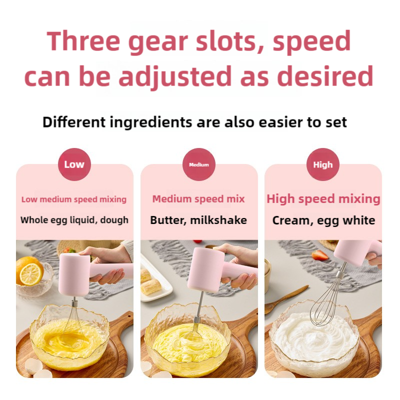 Pink Portable Electric Egg Beater with 3-Speed Adjustment, Dual Whisks, and Type-C Charging 4