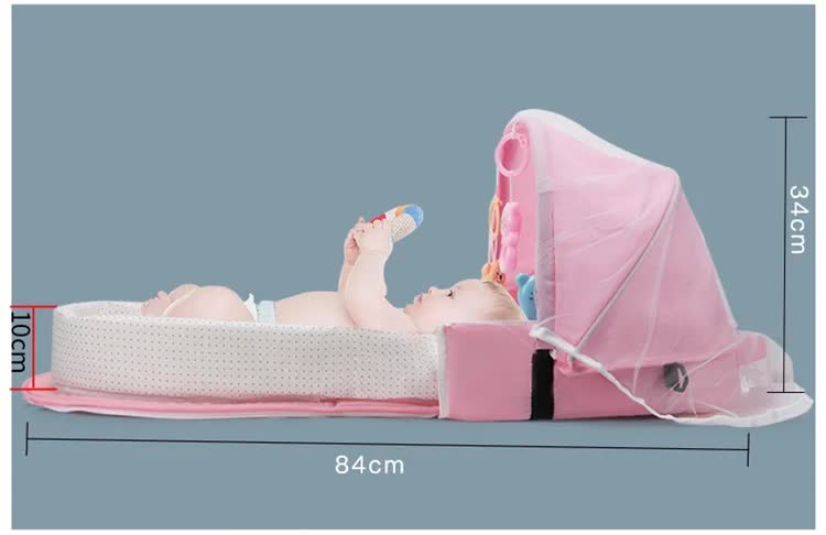 Blue Portable Multi-Purpose Baby Bed and Diaper Backpack – Lightweight, Waterproof, Canvas + Polyester Material, Travel Essential for Moms(With mosquito net and small toys) 6