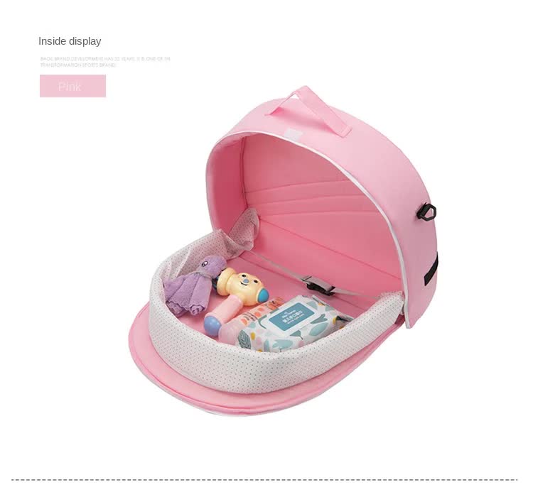 Pink Portable Multi-Purpose Baby Bed and Diaper Backpack - Lightweight, Waterproof, Canvas + Polyester Material, Travel Essential for Moms(With mosquito net and small toys) 5